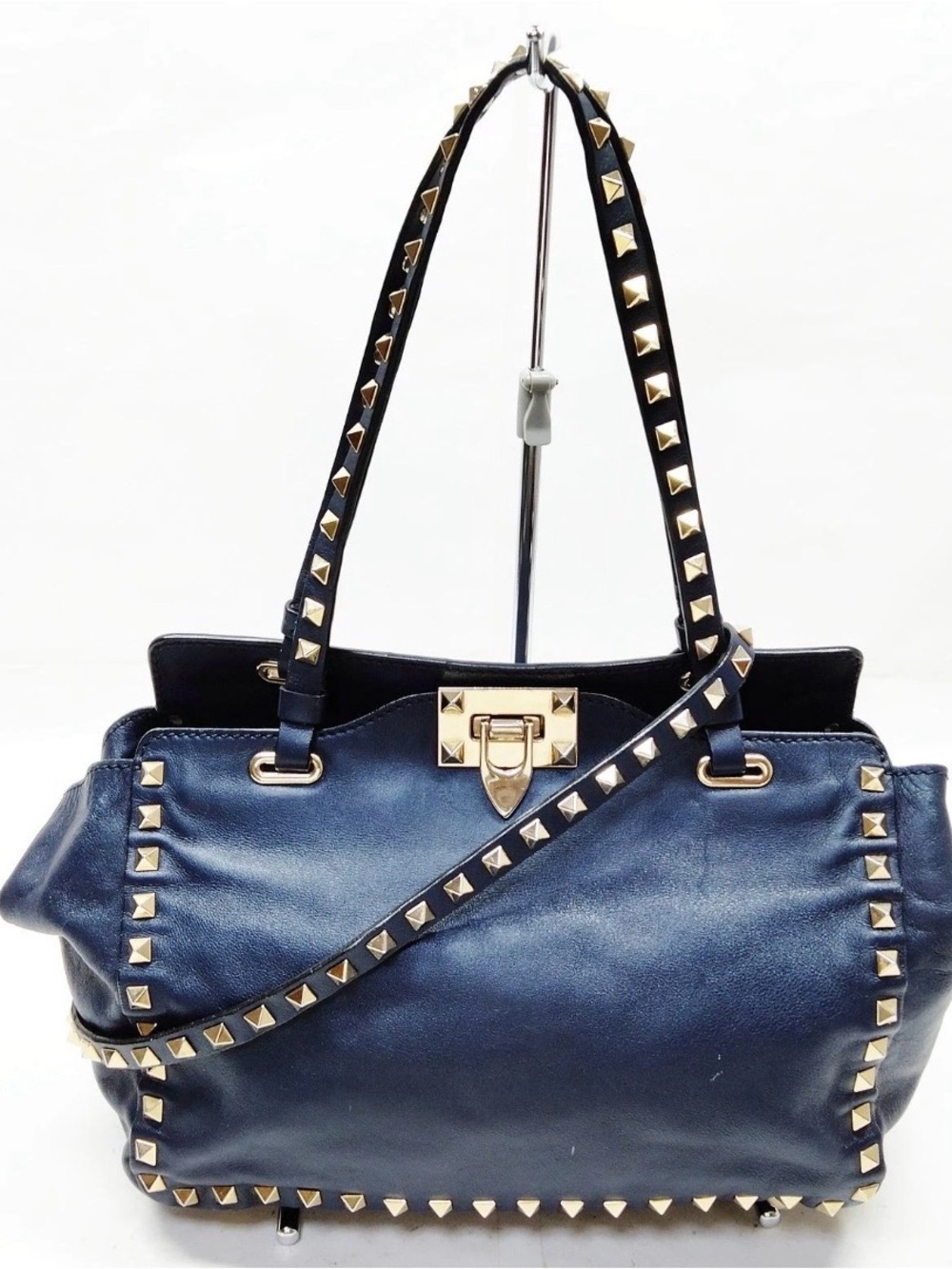Valentino Garavani Navy Leather Shoulder Bag with Gold Studs
